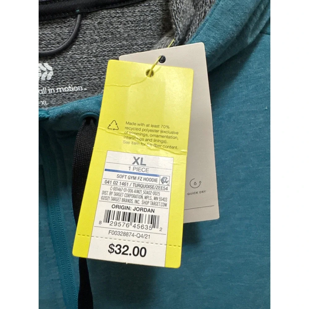 All in Motion Soft Gym‎ Hoodie Turquoise Teal Full Zip Men xL Activewear
